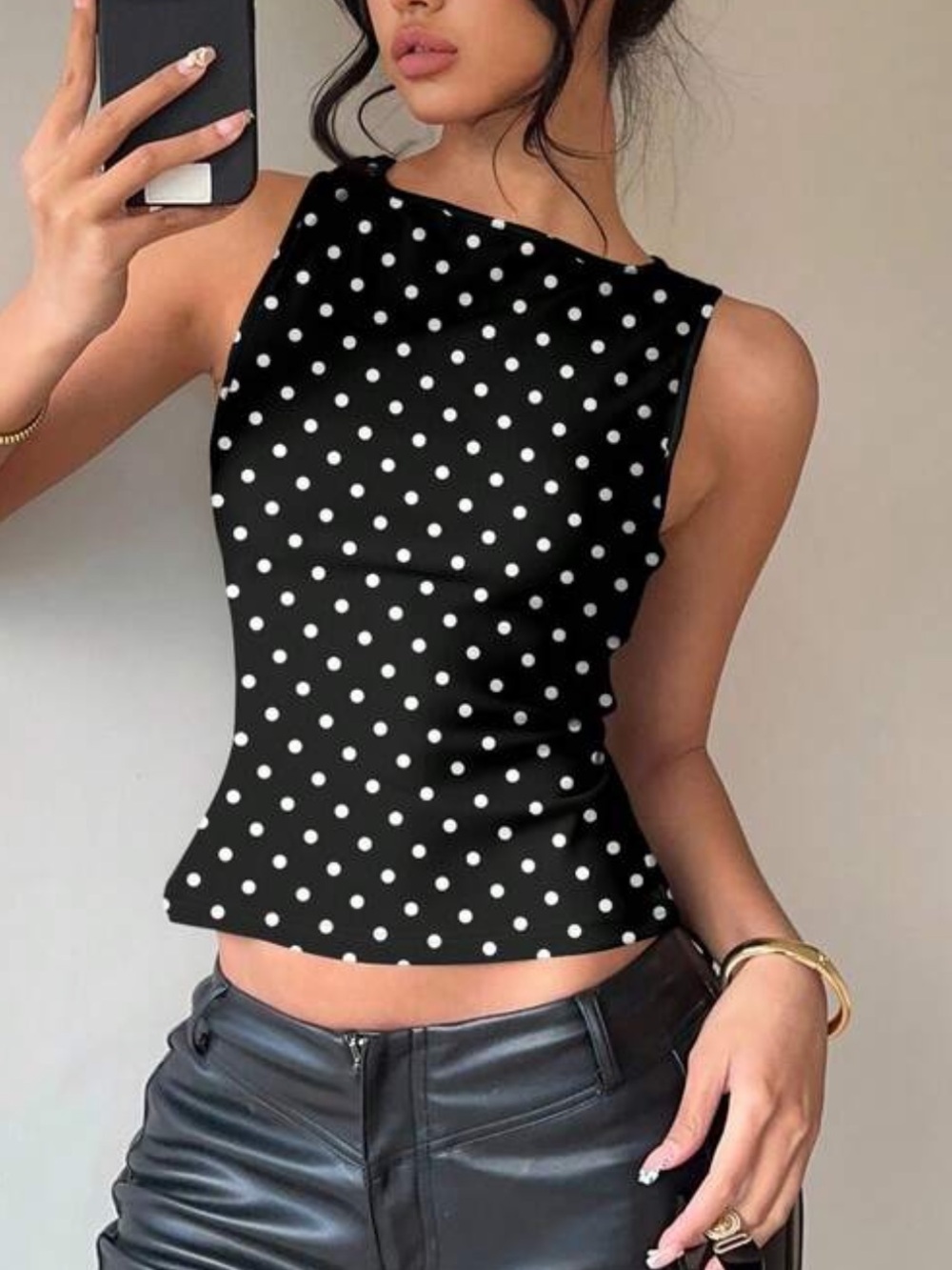 Polka Dot Tie-Back Tank Top - Black/White